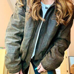 VTG Black Rivet Genuine Leather Bomber Jacket- Brown- L